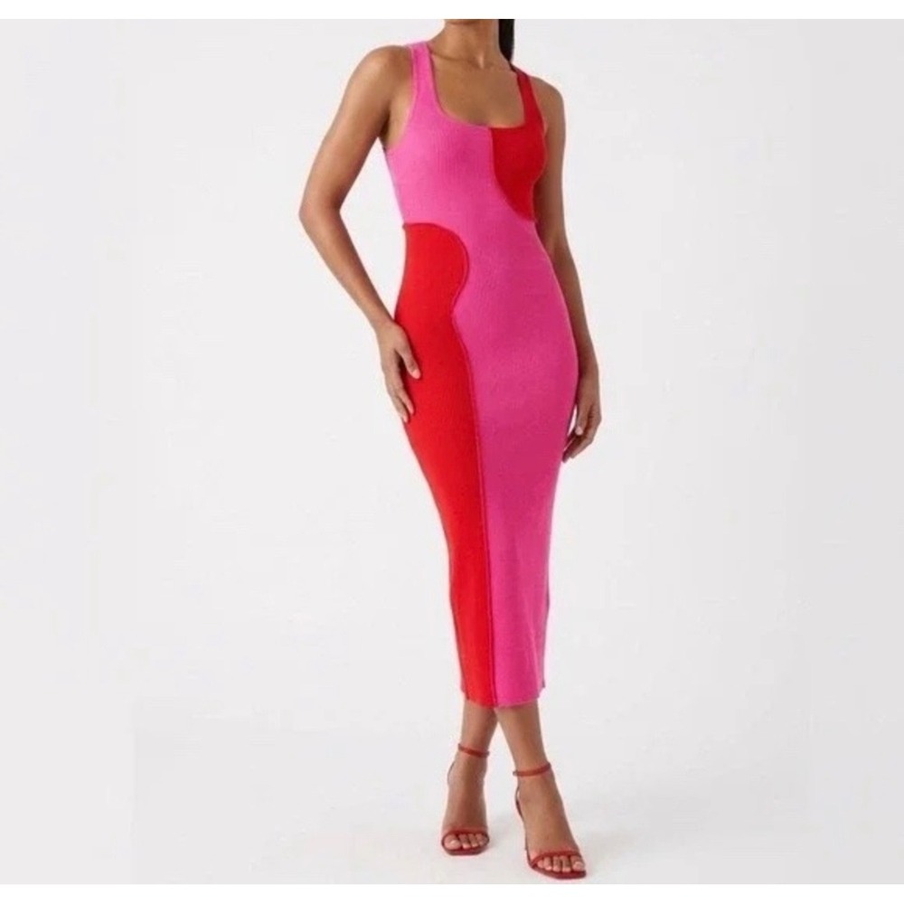 Naked Wardrobe Pink Red Colorblock‎ Ribbed Midi Dress Racerback Bodycon NWOT